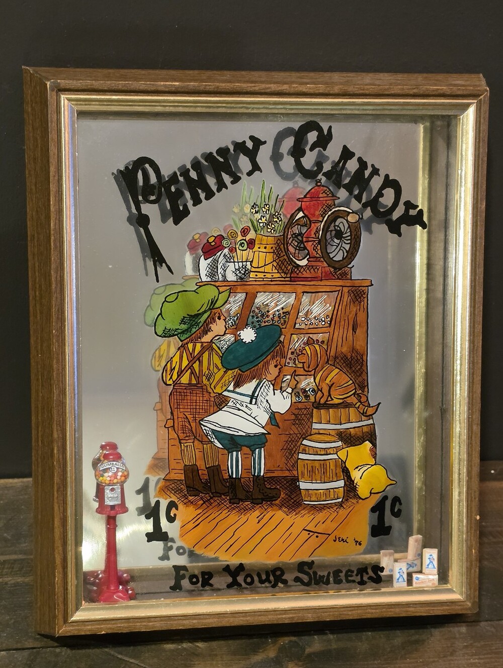 Vintage 1986 "Penny Candy Co." Mirrored Shadowbox Display Sign